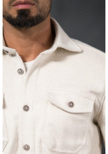 Advante Slimfit Çift Kapak Cepli Astarsız Kaşe Gömlek Krem