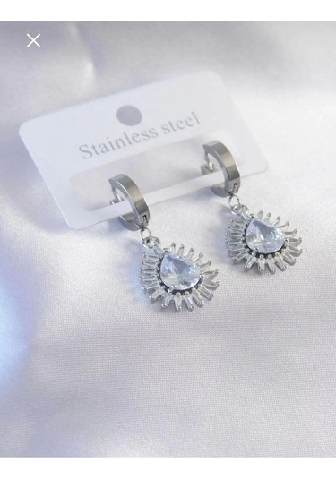 Çelik Gümüş Renk Zirkon Taş Damla Model Kadın Küpe Çok Renkli