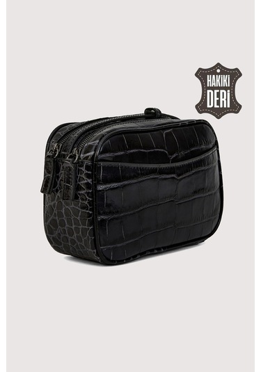 Hakiki Deri Kadın Çapraz Omuz Çantası Siyah Kroko Smr8975 Siyah Kroko