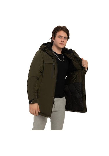 Erkek Polarlı Kürklü Su Ve Rüzgar Geçirmez Kapüşonlu Kışlık Mont & Kaban & Parka Haki