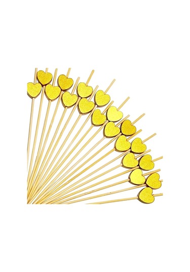 Bambu Kürdan Süslü Gold Kalpli 12'li Pasta Sunum Ve İkram Kürdanı Seti