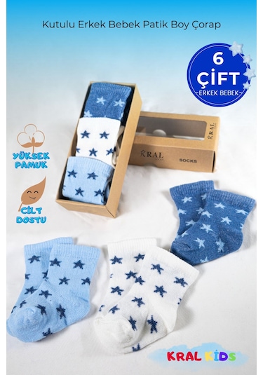 6 Çift Erkek Bebek Çorap Kutulu Patik Boy Yıldız Desenli, Pamuklu Beyaz