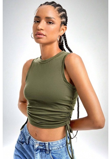 Merry See Yanları Büzgülü Kolsuz Bluz Crop Top Atlet Yeşil