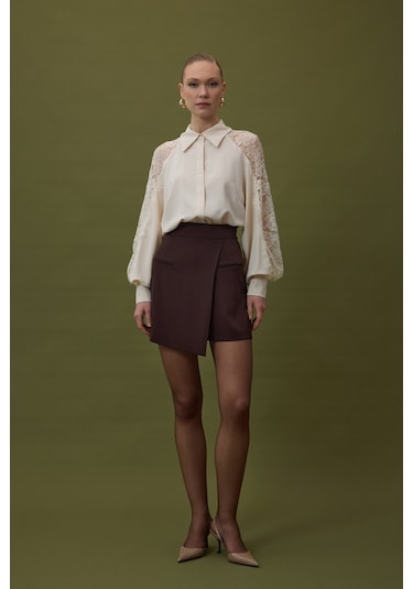 Sateen Talia Şort Etek - Kahve-137062 Kahve