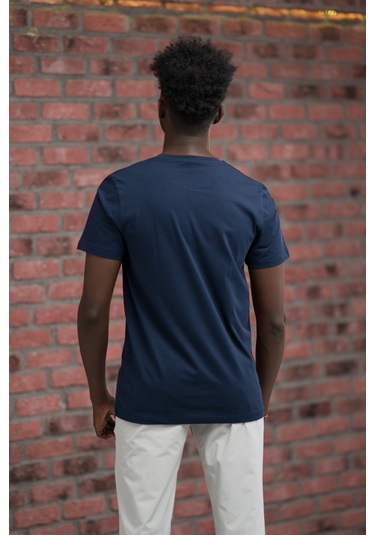 Slim Fit Sıfır Yaka Baskılı Pamuklu T-shirt Lacivert
