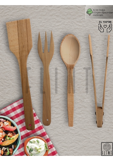 Gürgen Ahşap Tahta Kaşık Çatal Spatula Maşa 4'lü Set Servis Seti
