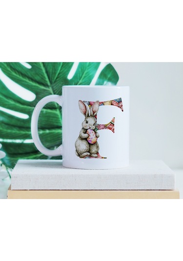 F Harfli Tavşan Kupa - Patchwork / Yamalı Desenli İsme Özel Kupa - Pastel Vintage Tarz Hediyelik Beyaz