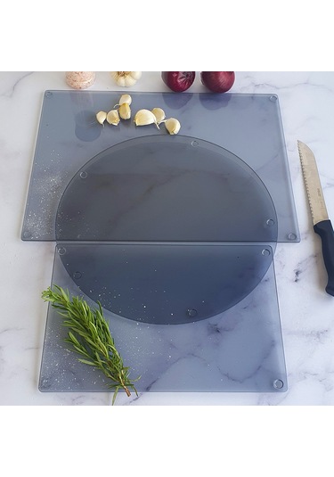 Decorita Cam Kesme Tablası | 3'lü Takım | Füme Cam