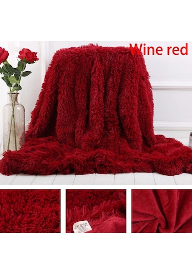 Yumuşak Taklit Kürk Mercan Polar Battaniye Kış Sıcak Bulanık Tüylü Kabarık Battaniye Kapak Lüks Peluş Bulanık Yatak Örtüsü Battaniye Yatak Şarap Kırmızısı