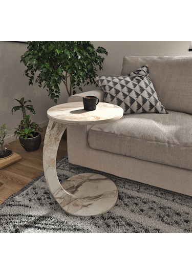 İntergo Tekerlekli C Yan Sehpa Beyaz Mermer