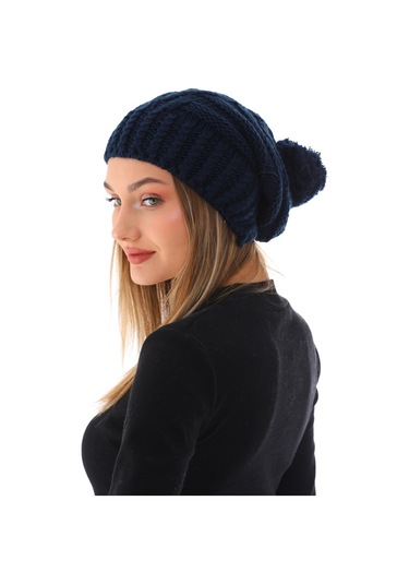 Kadın Kalın Lacivert Örgü Ponponlu Bere Lacivert