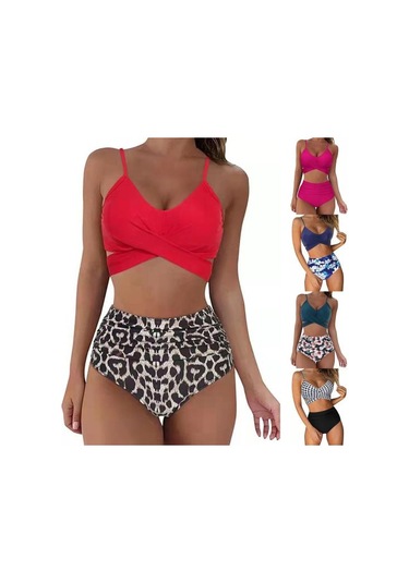 2 Adet/takım Kaliteli Mayo Tel Ücretsiz Backless Leopar Ön Çapraz Bikini Plaj İçin Set Gül Kırmızısı Fuşya