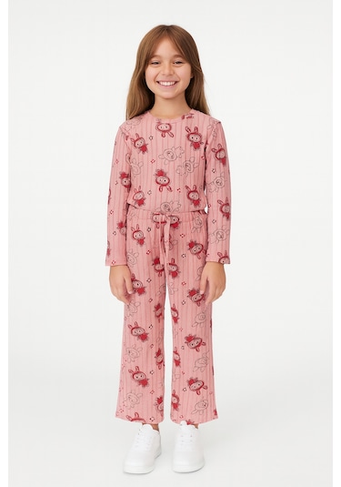 Kız Çocuk Pijama Altı Beli Lastikli Tavşan Baskılı Yavruağzı