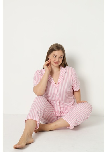 Sleeproom Yazlik Düğmeli Büyük Beden Ev Giyim Pembe