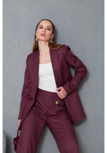 Kare Düğmeli Yünefekt Takım Mürdüm Düz Mürdüm