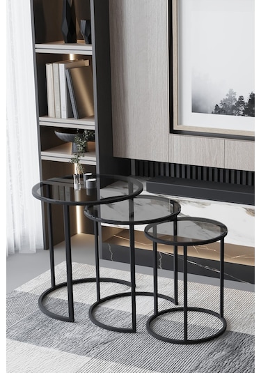 3'lü C Zigon Sehpa Siyah Ayak Şeffaf Füme Cam