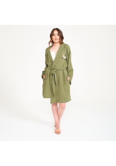 Ördek Nakışlı Kısa Kapüşonlu Müslin Kadın Bornoz-Yeşil