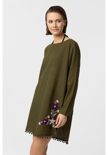 Yeşil Nakış İşlemeli Uzun Kollu Pamuklu Bluz Elbise Yeşil