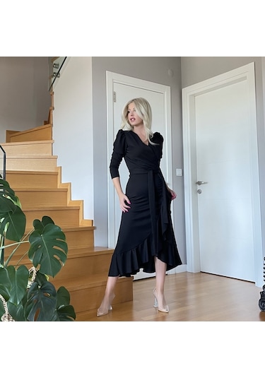 Krep Kumaş Midi Boy Kuşaklı Uzunkol Elbise 113 Cm Bediva 001