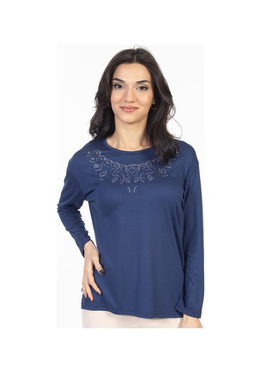 Yeni Model Taş İşlemeli Yuvarlak Yaka Likralı Anne Penye Bluz 6420-indigo İndigo