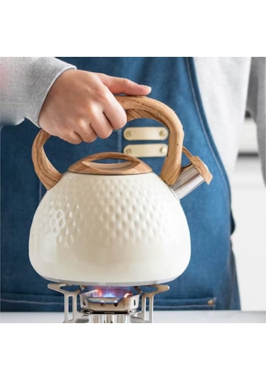 Valkyrie Modern Tasarım Düdüklü Kettle 3l Paslanmaz Çelik Ergonomik Su Isıtıcı Çaydanlık Islıklı Krem