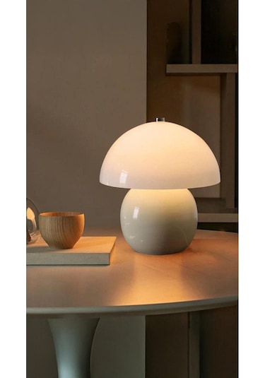 Modern Burhi Abajur Krem Mantar Masa Lambası Metal Şapka Metal Gövde Krem