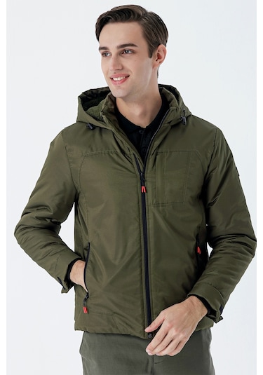 Koyu Haki Dik Yaka Astarlı Slim Fit Dar Kesim Casual Mont 1007235161-Koyu Haki