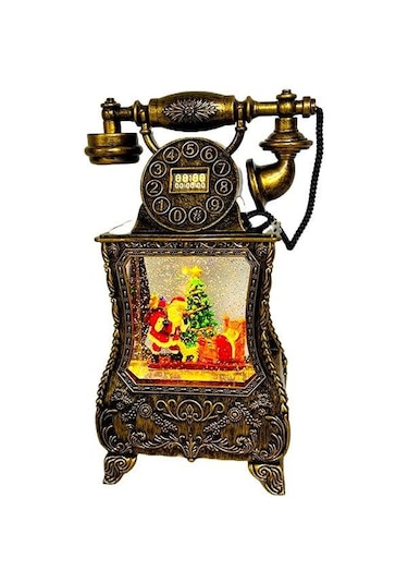 Nostaljik Telefon, Müzik Fonksiyonlu, Led Işıklı Ve Hareketli Kar, Noel Baba'nın Gelişinin Gizemi, Bronz Kahverengi 32x17x8 Cm