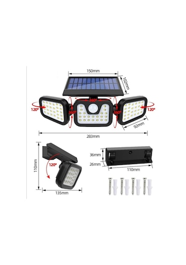 74 Led Güneş Enerjili Hareket Sensörlü 3 Taraflı Solar Bahçe Aydınlatma Lambası Sokak Lambası Çok Renkli