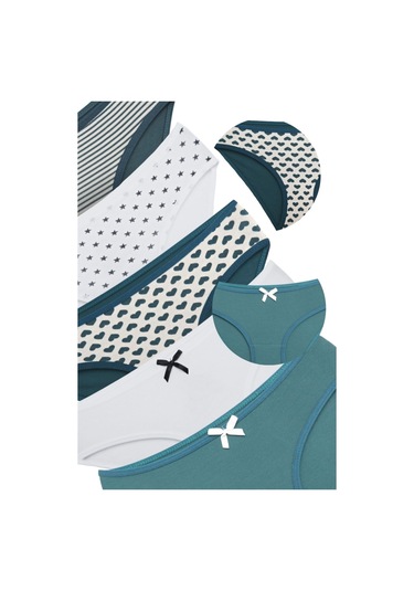 Alya Underwear Kız Çocuk Kalpli Dokuma Lastik Pamuklu Kumaş Slip Külot 5'li Paket 5 Adet Beyaz Koyu Yeşil P22