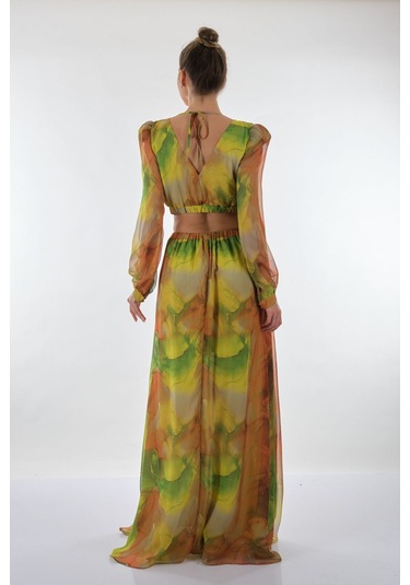 Explosion V Yaka Uzun Kol Maxi Şifon Elbise - Bohemian Stil Fıstık Yeşili