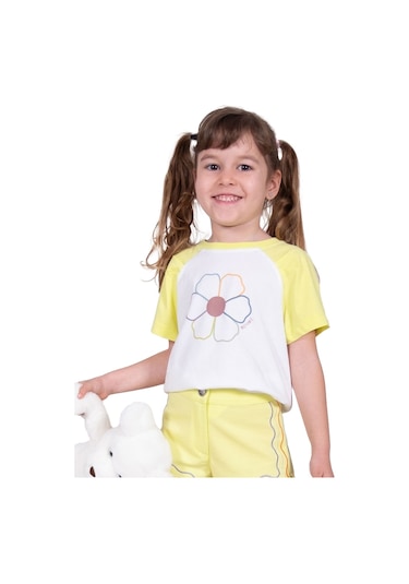 Organik Pamuk Çiçek Desenli Reglan Kol Kız Çocuk Tshirt 001