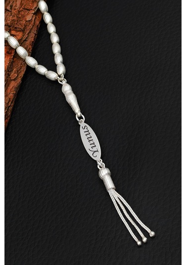 İsimli Gümüş Tesbih Çizgili Arpa Kesim İsim Yazılı Gümüş Tesbih 925 Ayar St381 Beyaz