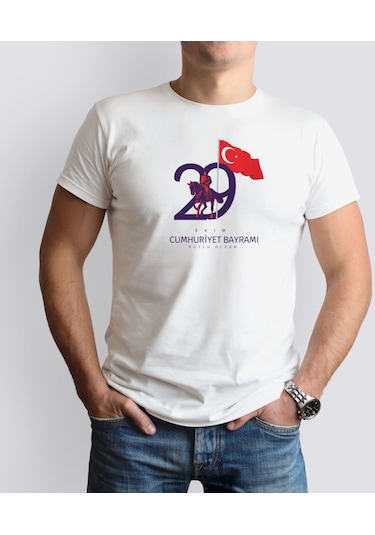 Bk Gift 29 Ekim Tasarımlı Erkek Beyaz T-shirt-9 Trend Tişört Çok Renkli