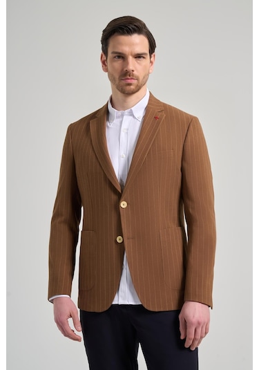 Çizgili Desen Gofreli Mono Yaka Esnek 6 Drop Slim Fit Ceket 1002250122 Taba