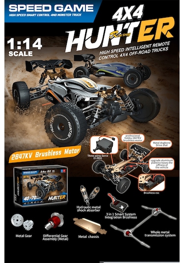 1:14 70 Km Hız Yapan Metal Gövde Ve Alaşım Rc Araba Hunter 4x4 Fırçasız Motor Uzaktan Kumandalı Araba