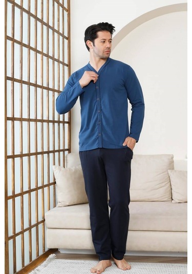 Erkek V Yaka Önden Düğmeli Pamuk Likra Mevsimlik Uzun Kol Cepli Pijama Takımı İndigo