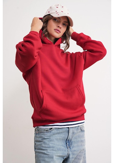 Mixray 2022 Unisex 3iplik Basic Polarlı Kapüşonlu Sweatshirt Hoodie Kırmızı Kırmızı