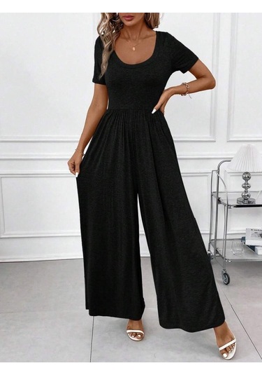 Soonaksesuar Kadın Kısa Kollu Yuvarlak Yaka Geniş Paçalı Bürümcük Tulum Siyah