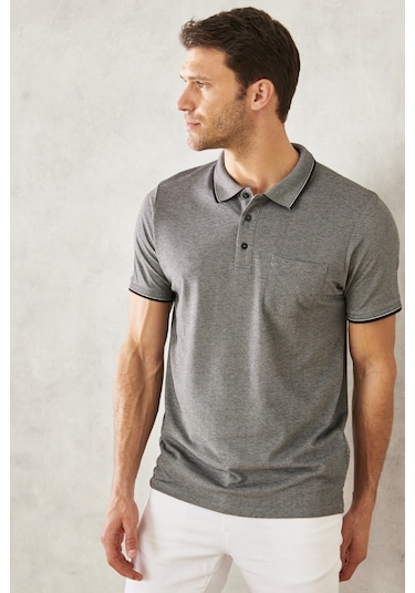 AC&Co / Altınyıldız Classics Erkek Sıyah Polo Yaka Cepli Regular Fit Geniş Kesim Düz Tişört Siyah