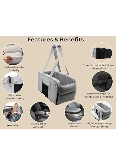 Tuomeng Köpek Araba Koltuğu Yıkanabilir Pet Araba Koltuğu Alt Plaka Üç Velcro Sabit Açık Gri