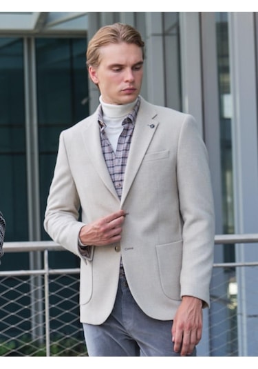 Erkek Yün Ceket Kırçıllı Mono Yaka Torba Cepli Çift Yırtmaç Slim Fit Ceket Ncs Jeans 4005-Taş