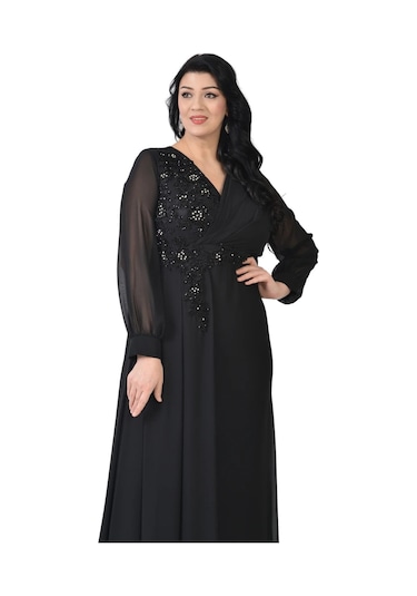 Lilas Xxl Kadın Büyük Beden Uzun Şifon Abiye Elbise 9571 Siyah