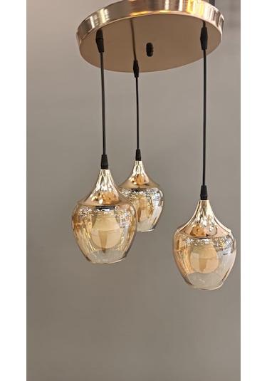 3'lü Krom Şapkalı Sarı Açık Ağız Camlı Sarkıt Avize Gold