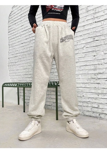 West Coast Eşofman Altı Jogger - Gri Baskılı Lastik Paça Yüksel Bel Gri