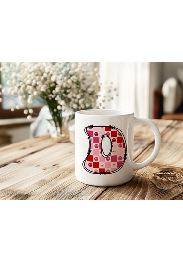 D Harfi Pembe Kareli Kalpli Göz Emojili Kupa Bardak Eğlenceli Kareli Tasarım Kahve Çay Kupası 07 Beyaz