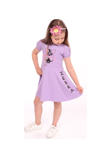 Toontoy Kız Çocuk Bisiklet Yaka Zebra Baskılı Elbise Lila