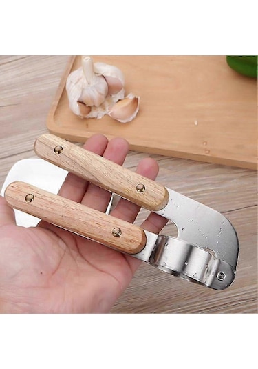 Paslanmaz Çelik Sarımsak Presi, Sarımsak Presi Kırıcı, Ahşap Saplı Profesyonel Sarımsak Kırma Aleti Siyah