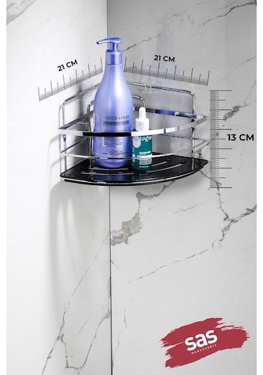 2’li Kancalı Yapışkanlı Banyo Duş Köşe Rafı – Ayarlanabilir Kristal Raf (Yapıştır/Vidala) Krom-Siyah - LK-01 - KS