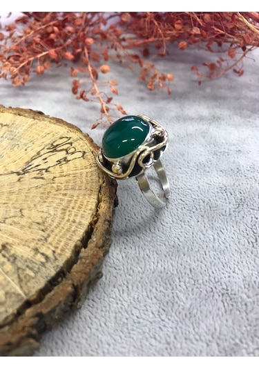 Yeşil Akik Taşı Gümüş Yüzük 925 Ayar Doğal Taş - 251995303